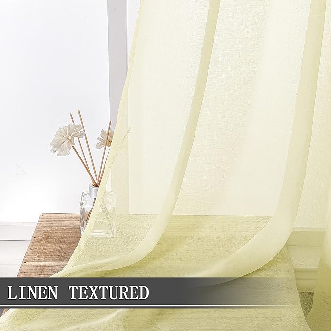 Tollpiz Sheer Curtain Linen Textured Bedroom Curtains Sheer Light Filtering Rod Pocket Voile Curtain for Living Room, 54 x 95 inches Long, Transparent Yellow, Set of 2 Panels