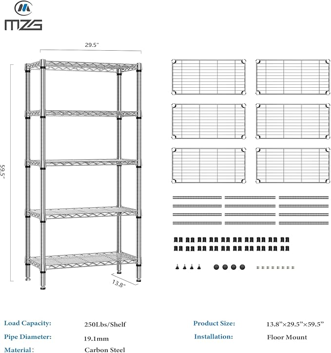 1250 lbs 5 Tier Shelf Metal Storage Shelves Shelving Wire Rack Heavy Duty Closet Organizers for Garage Kitchen Bathroom Laundry Chrome 13.8" D x 29.5" W x 59.5" H