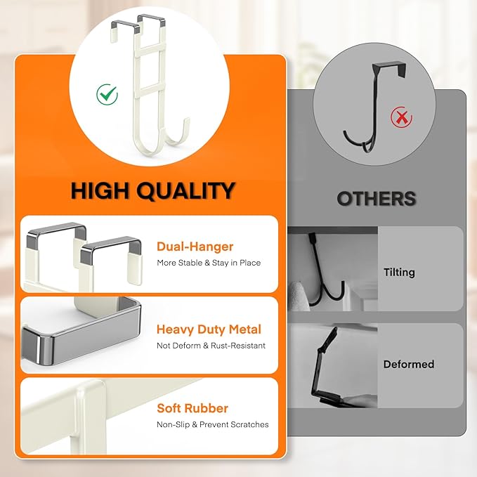 FYY Over The Door Hooks - 2 Pack Heavy Duty Dual-Hook Organizer Hanger with Non-Slip Rubber for Towels, Clothes, Hats & Bags Use in Bathroom, Bedroom, Kitchen - Fits Interior Doors Up to 1.6" Beige