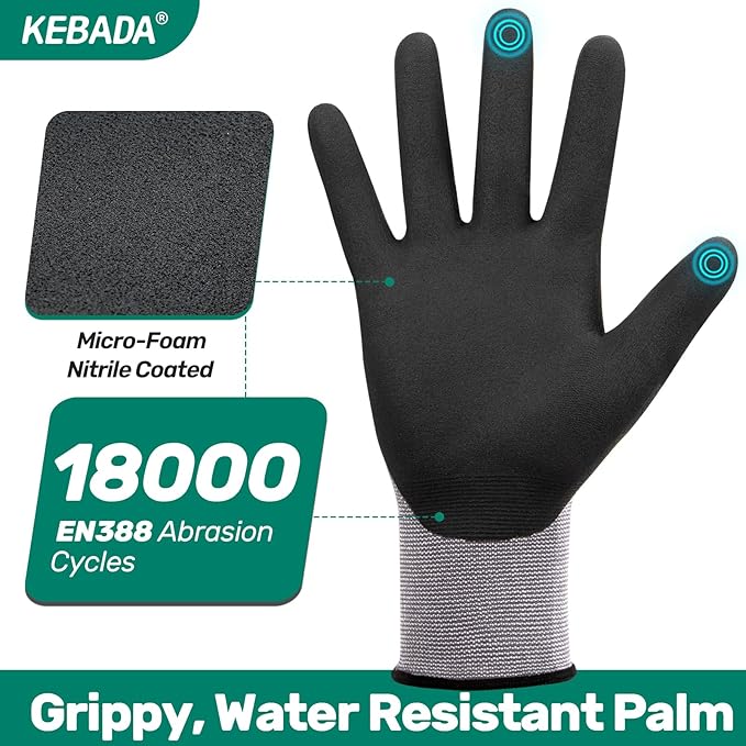 Kebada W2 Safety Work Gloves, Micro-Foam Nitrile Coated Gloves, Touchscreen,Ideal for Package Handling, Gardening, Construction, 1 Pair XX-Large