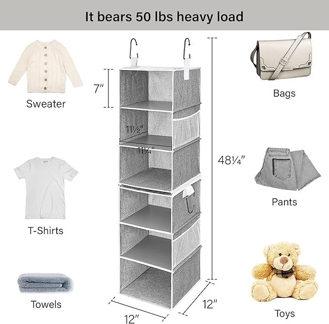 StorageWorks 6-Shelf Closet Organizers, Two 3-Shelf Separable Hanging Shelves for Closet, 12" D x 12" W x 48 ¼"H， Canvas, Gray