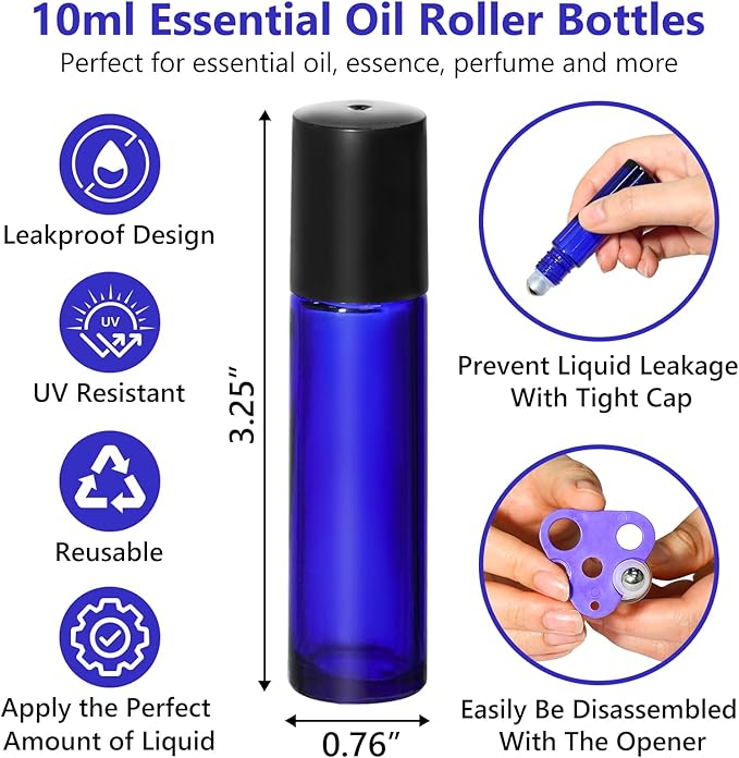KEYWING 54 Pack Blue Essential Oil Roller Bottles – 10ml Glass Roll-On Bottles with Stainless Steel Roller Balls & Caps, Refillable Perfume Containers for Travel & DIY