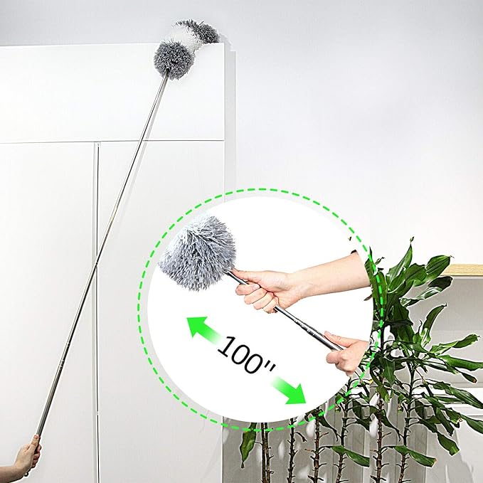 BOOMJOY Microfiber Feather Duster with Extendable Pole and Bendable Head, 100" Telescoping Duster for Cleaning Ceiling, Fan, Furniture