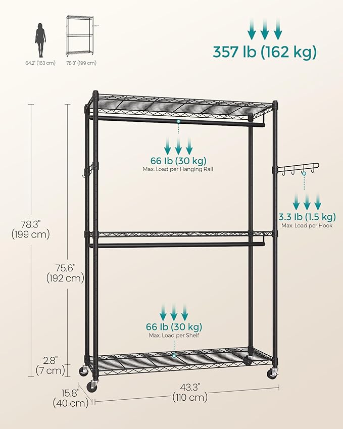 SONGMICS Heavy-Duty Rolling Clothes Rack, Garment Rack, Portable Closet, 43.3-Inch Wide Clothing Rack on Wheels, with Adjustable Mesh Shelves and Hanging Rails, Hooks, Ink Black ULGR414B01