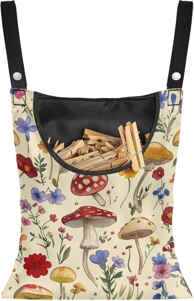 Mushroom Clothespin Bag with Hanging Hook - 12 x 14.6 Inch Waterproof Laundry Clothespin Holder