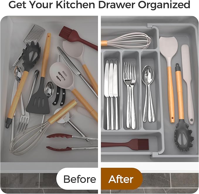 Extra Large Expandable Silverware Organizer, BPA-Free Food-Safe Cutlery Flatware Organizer, Kitchen Utensil Drawer Organizer, Adjustable Silverware Holder for Spoons Forks Knives, Gray