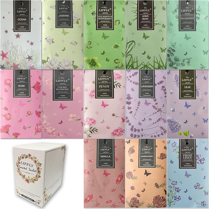 13 Scents Scented Sachets for Drawers and Closets 14 Packs Lavender Rose Jasmine Ocean Vanilla Sandalwood Fresh Linen Cherry Blossoms Lilac Eucalyptus Peppermint Lemongrass Peony Gift Box