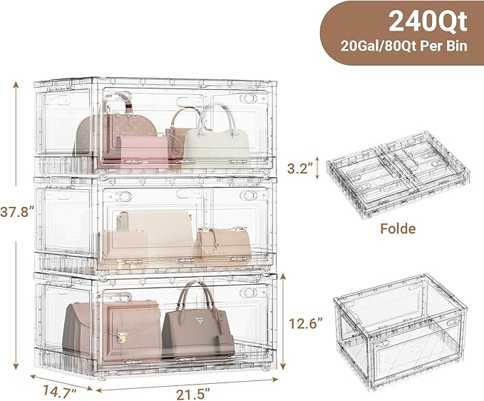 BROVIEW Clear Stackable Storage Bins Drawers, Open Front Large Plastic Storage Bins with Lids, Foldable Closet Organizers and Storage for Wardrobe Cabinets, Pantry, Makeup,3 Pack