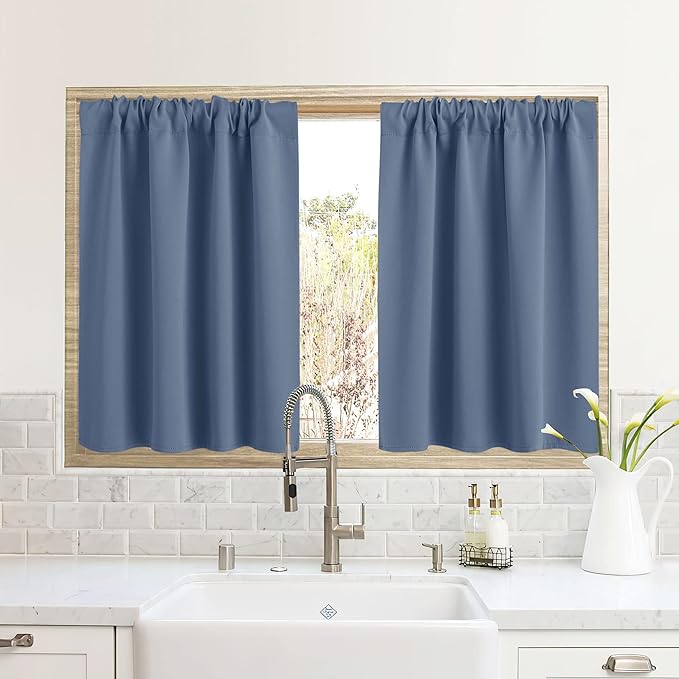 RYB HOME RV Camper Door Window Curtains -Blackout Privacy Curtains & Drapes for Bathroom Bedroom Kitchen Portable Travel Trailer Small Window Decor, W 34 x L 24, Stone Blue, 2 Panels