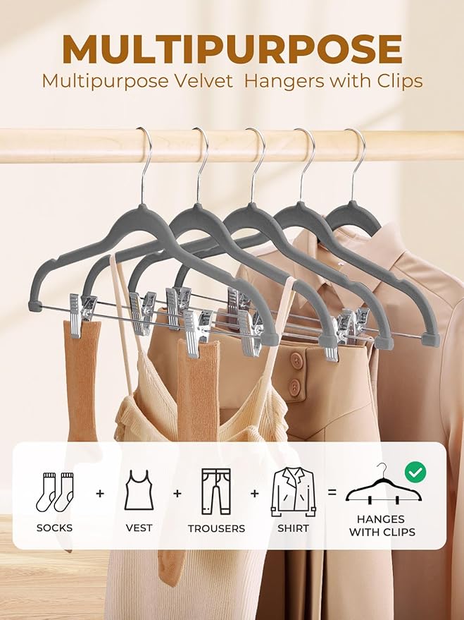 HOUSE DAY Velvet Skirt Hangers 12 Pack, Gray Velvet Pant Hangers with Adjustable Clips, Space Saving Slim Shorts Hanger, Heavy Duty Non Slip Clip Hanger for Pants, Skirts, Shorts