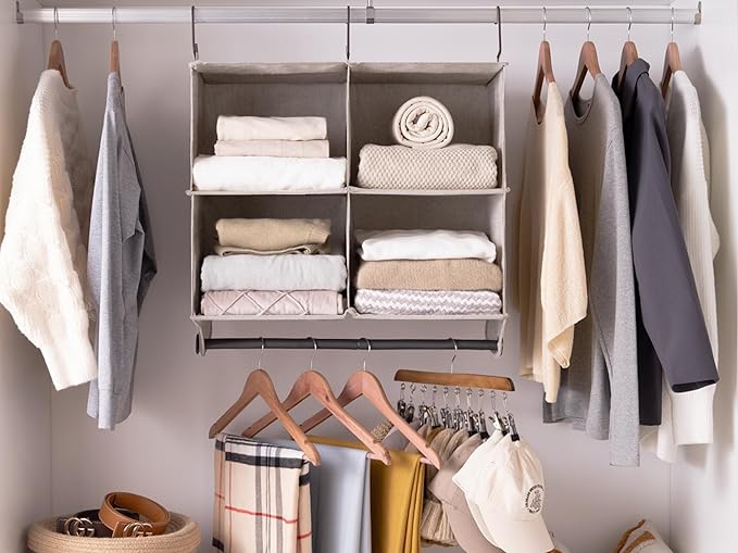 StorageWorks Hanging Closet Organizer with Metal Rod, 4-Section Closet Organizers and Storage, Collapsible Hanging Shelves for Baby Clothes, Shoes, Sweater Storage, Brown and Beige