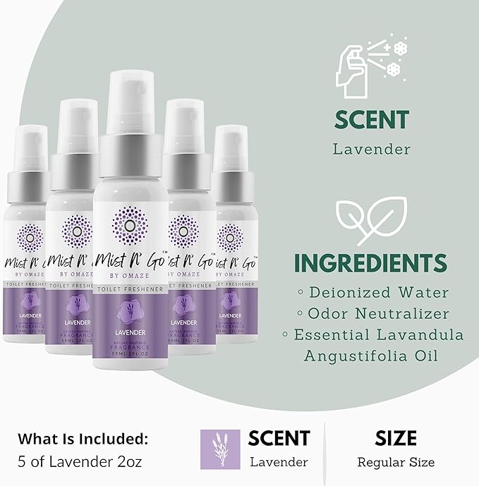 Mist N’ Go by Omaze Travel Bathroom Spray for Toilet Spray Odor Eliminator - Travel Toilet Spray for Bathroom Air Freshener Spray for Bathroom Deodorizer - Lavender Regular Size (2oz x5)