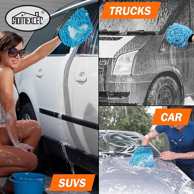 HOMEXCEL Car Wash Mitt, 2PK Chenille Microfiber Wash Mitt, Scratch-Free & Lint-Free, Rich Foam, Highly Absorbent, Double Sided, Perfect for Car Washing and Detailing, 10.2" x 6.7 ", Blue