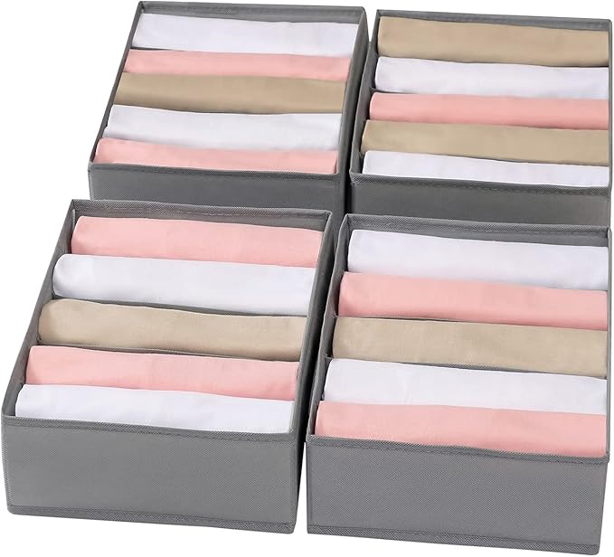 4 Packs T-shirt Drawer Organizers for Clothing,5 Grids Compartment Wardrobe Storage Box, Washable Clothes Organizer for Folded Clothes, T-shirt, Legging, Silk Scarve-Grey