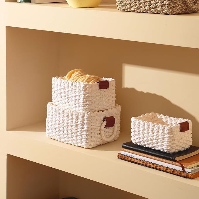 LA JOLIE MUSE Woven Storage Baskets for Organizing, Recycled Paper Rope Basket Bin Divider for Makeup Towel Shelf Cupboards Drawer Closet Dresser, Decorative White Storage Basket Set of 3