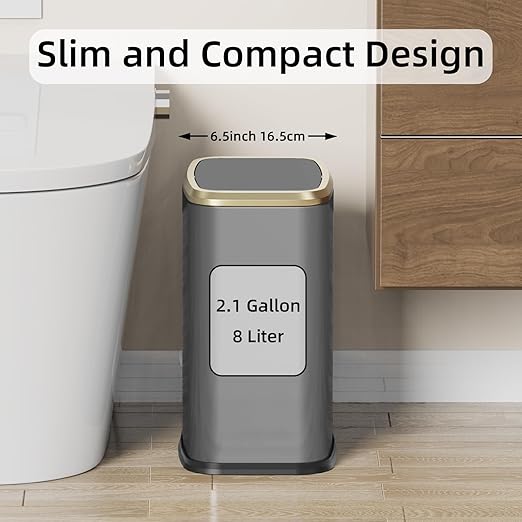 8L/2.1 Gal Small Bathroom Trash Can with Lid, Swing-Top Rectangular Waste Bin, Stainless Steel Garbage Can for Home, Office, Toilet, Bedroom, Living Room (Titanium Black)