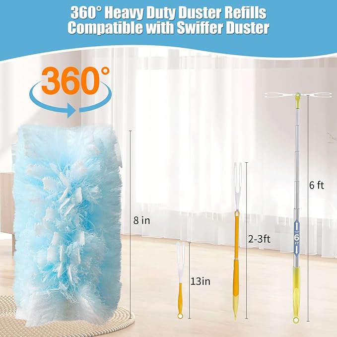 60 Count 360° Heavy Duty Duster Refills Compatible with Swiffer,Large Size-Extra Thick Disposable Electrostatic Duster Refill with 1 Retractable Handle(35-inch Length Fully expanded)