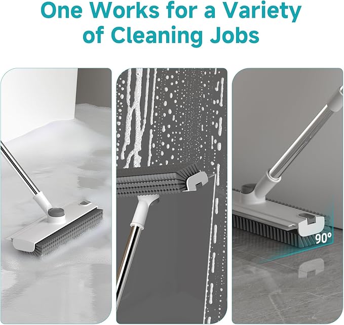 Floor Scrub Brush with Long Handle Length Adjustable, 3 in 1 Heavy-Duty Stiff 90° Bristle Floor Scrubber Broom with Squeegee, for Bathroom, Garage, Kitchen, Tile, Deck & Patio (White)
