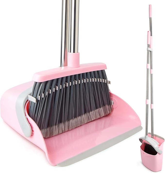 Broom and Dustpan Combo Set, Long Handle and Standing Dust Pan with Comb Teeth, Efficient Floor Cleaning for Kitchen, Outdoor, Dorm, Apartment, Office Lobby (Pink Gray)