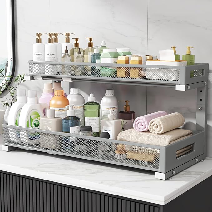 2 Pack 20.47IN Depth Under Sink Storage Organizer, Large 2-Tier Elegant Mesh Pull Out Shelf for Kitchen and Bathroom Cabinet Organization, L-Shaped and Adjustable Height Design-Gun Gray