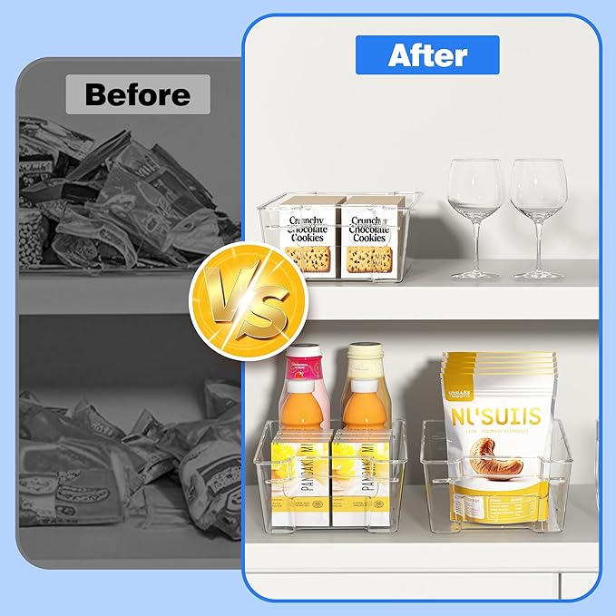 6 Pack Clear Refrigerator Storage Bins, Stackable Plastic Fridge Organizer Kitchen Pantry Storage Bins with Handles for Snacks, Freezer, Kitchen Cupboard, and Cabinet Organization