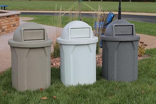 42 Gallon Circle 100% Recycled Plastic Heavy Duty Indoor or Outdoor Commercial Trash Can with Push Open Dome Lid and Internal Liner | Great for Schools and Businesses - Beige Granite