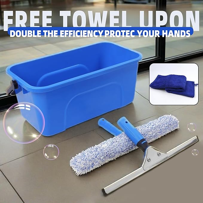 Squeegee for Window Cleaning,Window Cleaning Squeegee kit with Bucket&Microfiber Scrubber,Bathroom,Shower Doors,Mirrors,Tiles,and Car Windows Blue