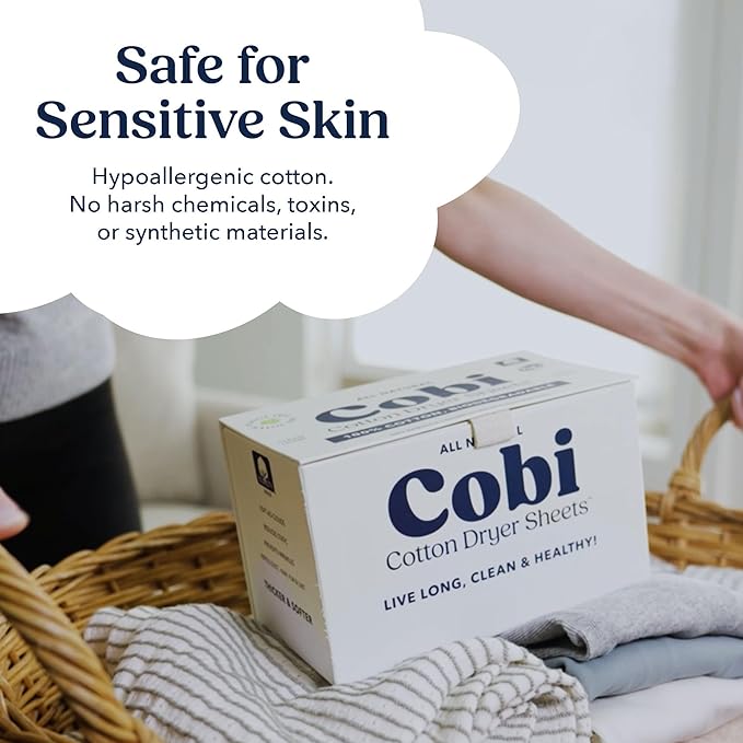 Cobi Eco-Friendly Dryer Sheets - 100% Cotton Biodegradable Non-Toxic & Unscented for Sensitive Skin, Clean Plant-Based Static Control, 120 Count