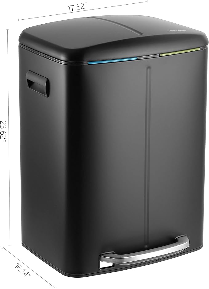 happimess HPM1005B Marco Rectangular 10.6-Gallon Double Bucket Trash Can with Soft-Close Lid, Fingerprint Resistant, Modern, Minimalistic for Home, Kitchen, Office, Bathroom, Black