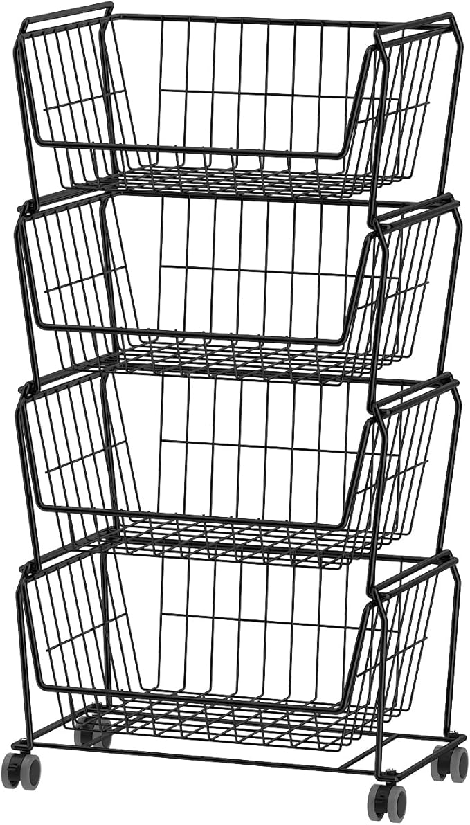 PUSDON Stackable Metal Storage Carts, Dual Use Shelf for Kitchen Fruit Vegetable Baskets with Wheels, Storage Rack for Living Room, Home & Office, Standard Black 4 Tiers