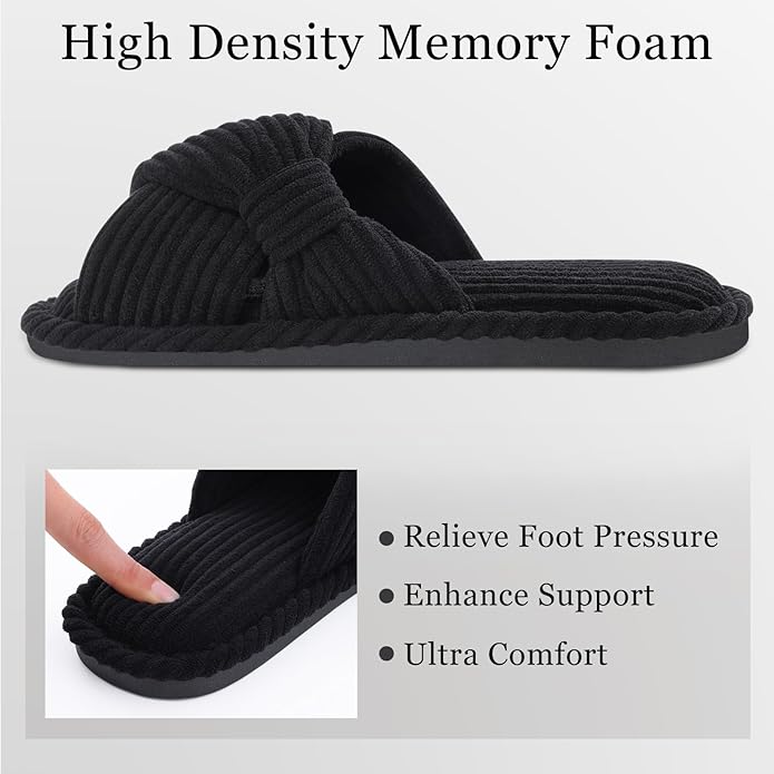 Evshine Summer House Slippers for Women Corduroy Cross Bow Indoor Slippers Open Toe Slip On Bedroom Shoes with Memory Foam