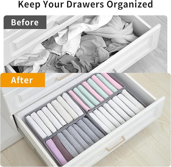 Qozary 4 Pack Drawer Organizers for Clothing, 8 Grids Foldable Closet Organizers and Storage Bins for Bedroom, Dresser Organizer Boxes for Thin T-shirts, Tank Tops, Camisoles, Tights, Leggings