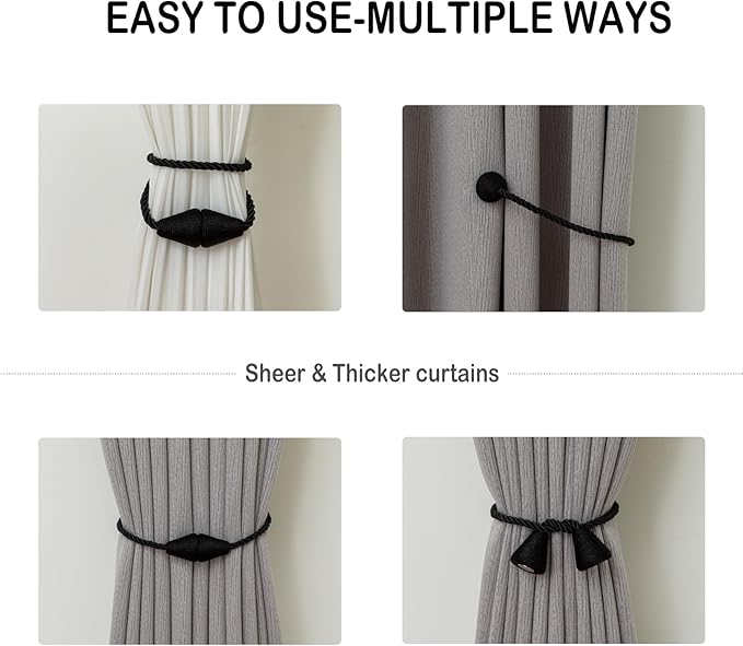 Magnetic Curtain Tiebacks 2 Pack Outdoor Rope Curtain Tie Backs Decorative Window Treatment Holdbacks for Home Decorative Curtain, Black