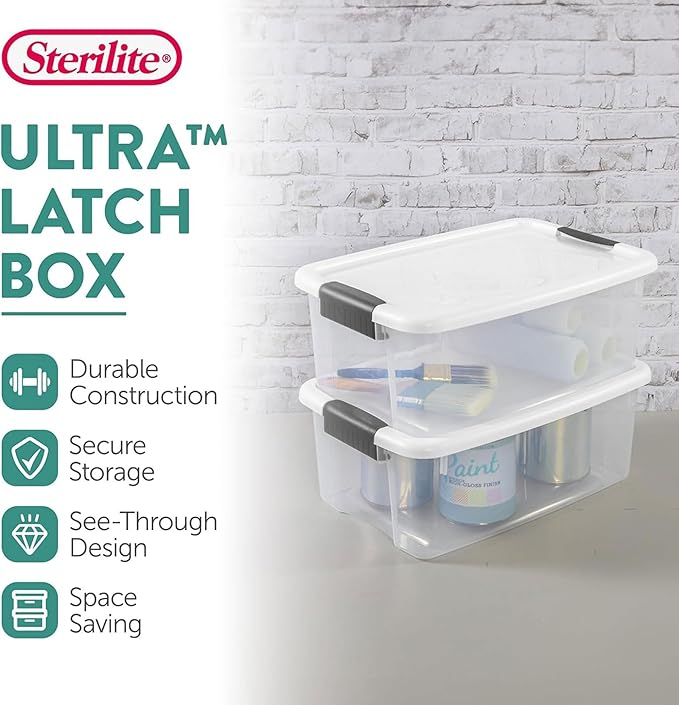 Sterilite 6-Pack Ultra Latching Box, Storage Bins with Lids, Clear Plastic, 18 Quart - Heavy-Duty Organizing Containers for Closet, Bathroom, and Office