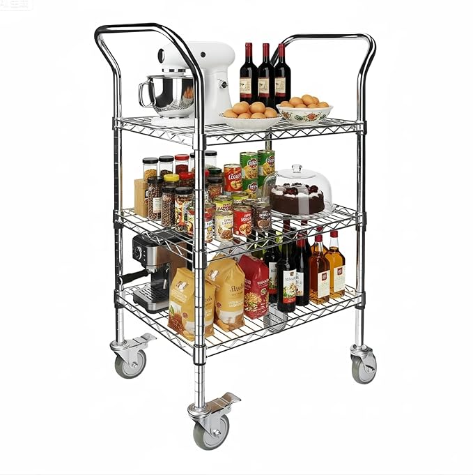 Northsky 3-Shelf Wire Utility Cart on Wheels, Chrome Finish Rolling Metal Shelving with Wheels, 550lb Capacity, 24" x 18" x 44.1", 3 Tier Rolling Cart for Kitchen Bar Storage Use