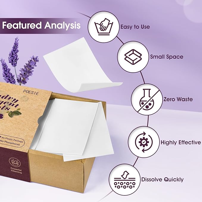 Poesie Laundry Detergent Sheets Lavender Scent 160 Count Soap Sheets Non-Plastic Hypoallergenic Portable Liquidless HE Washing Detergent Strips for Save Place Traveling No Waste
