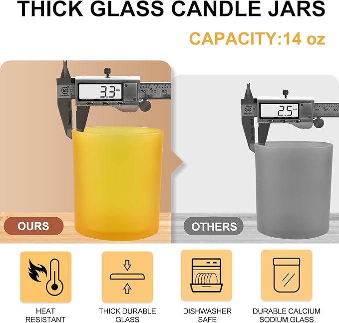 14 OZ Thick Candle Jars for Making Candles 12 Pcs, 3 Wick Empty Jars with Wood Lids for Candle Making, Sample Container, Frosted Yellow