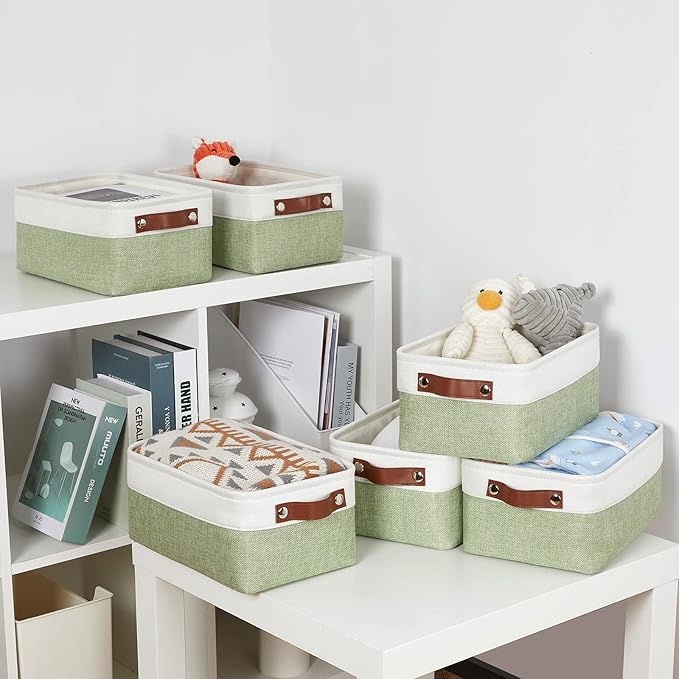 DULLEMELO Storage Baskets for Shelves, Small Fabric Collapsible Rectangular Storage Baskets for Organizing, Closets, Nursery, Home, Office, Empty Gift Baskets (6-Pack, White&Green)