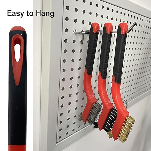 3Pcs Mini Wire Brush Set, Stainless Steel/Brass/Nylon Bristles Wire Brushes, Curved Handle Soft Grip for Rust, Dirt & Paint Scrubbing with Deep Cleaning – 7 Inches (Red)