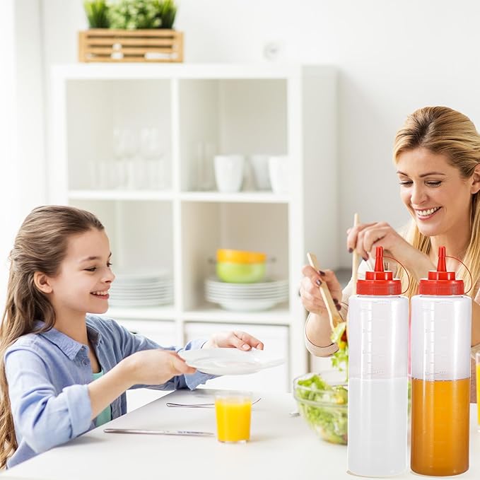 Condiment Squeeze Bottles Ketchup Dispenser, 4 Pack 32oz Squeeze Bottles for Liquids, Plastic Sauce Bottle with Cap Lid, Squirt Bottles for Sauces Liquids BBQ Dressing Pancake Art