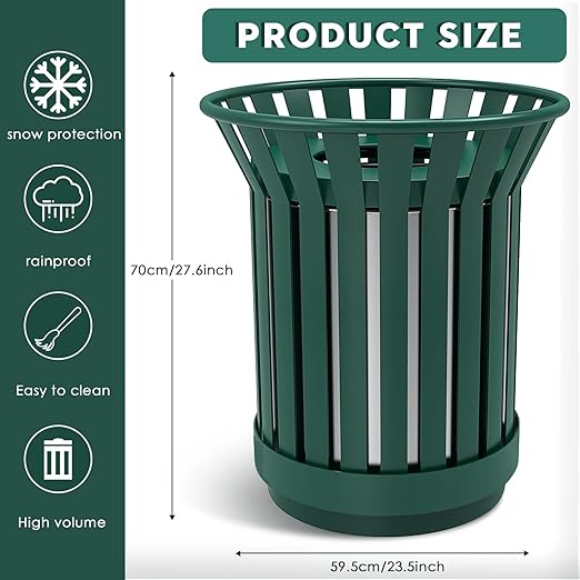 27.6IN Round Large Outdoor Trash Can, Heavy Duty Metal Slatted Garbage Can Outdoor, All Weather Resistant Commercial Garbage Cans, Waste Receptacle in Park, School, Beach, Patio, Green