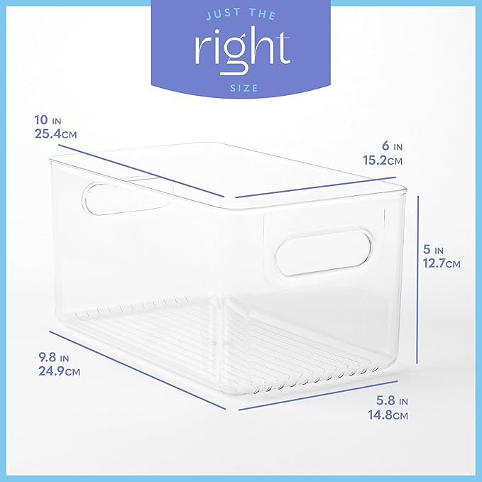 Plastic Food Storage 2 Pack Clear Container Bin with Handles for Organizing Kitchen, Pantry, Refrigerator, Freezer, Pantry, Cabinet, Closet, Bathroom. 10”x6”x5”