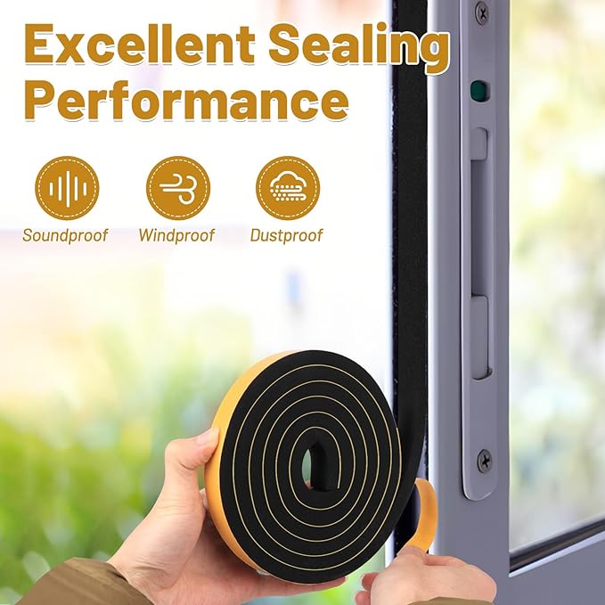 Weather Stripping Self Adhesive 1 in x 1/4 in, Weatherproof Foam Insulation Tapes Soundproof, High Density Seal Strips for Door Window, Easy Cut to Size, 2 Rolls Total 33Ft