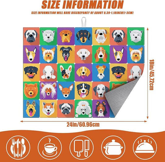 Cute Dogs Dish Drying Mat for Kitchen Counter Microfiber Absorbent Dish Kitchen Drying Mat Draining Reusable Washable for Dishes/Utensils/Counterto