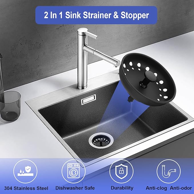 Kitchen Sink Drain Strainer 3 Pack Stainless Steel Sink Stopper, Anti-Clogging Kitchen Sink Drain Basket for Kitchen Sink Strainer Replacement Set (Black, 3 Pack)