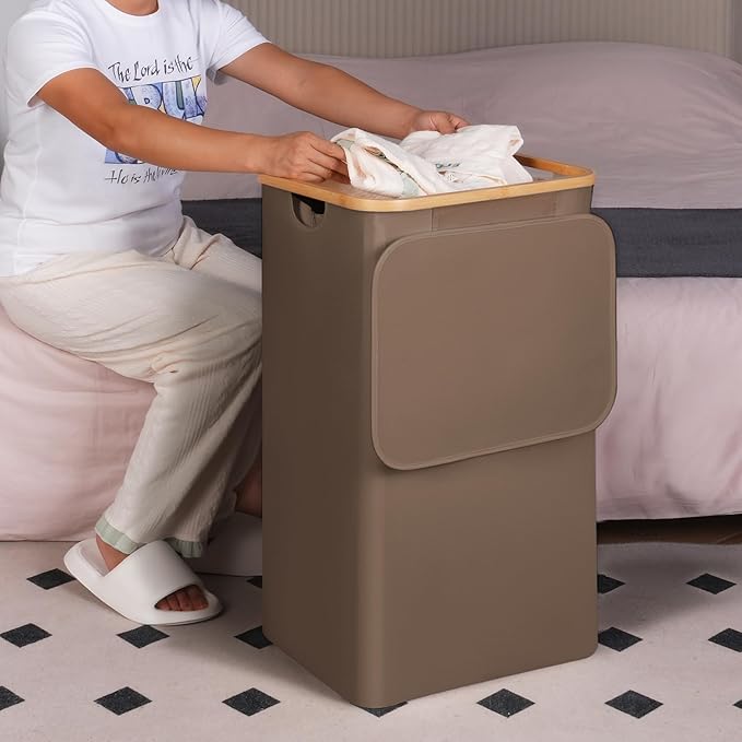 26 Gal Laundry Basket with Lid and Net Bag, Tall Laundry Hamper with Bamboo Handles, Aesthetic Dirty Clothes Bin for Laundry Room, Bathroom, Bedroom and Dorm, Brown