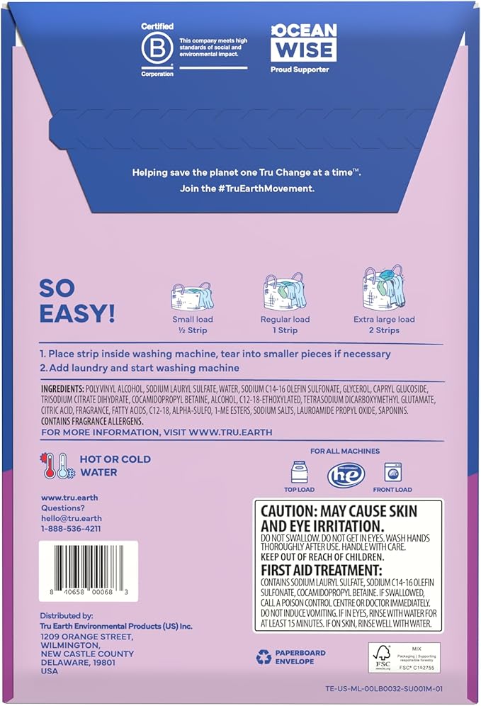 Tru Earth Compact Dry Laundry Detergent - Up to 64 Loads (32 Sheets) - Paraben-Free - Original Eco-Strip Liquidless Detergent, Travel Sheets - Lilac Breeze | Packaging May Vary