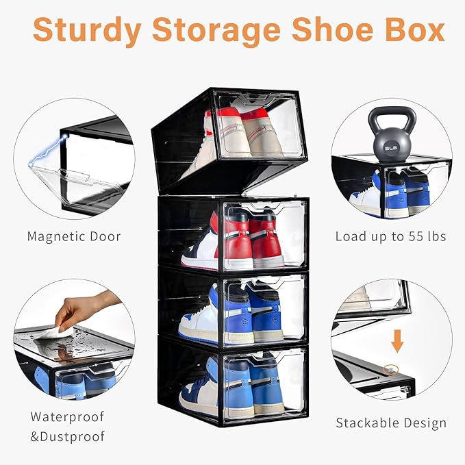 12 Pack Stackable Shoe Storage Organizer with Magnetic Door, Shoe Boxes Clear Black Plastic for Closet, Shoe Rack for Sneaker Boot Container, Shoe Cabinet Fit up to US Size 12