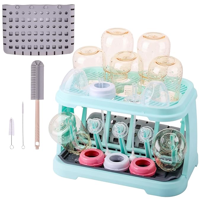 Baby Bottle Drying Rack:Space Saving Standing Drying Rack for Baby Bottles and Pump Part Cleaning,be Equipped with Bottle Brush (Blue)