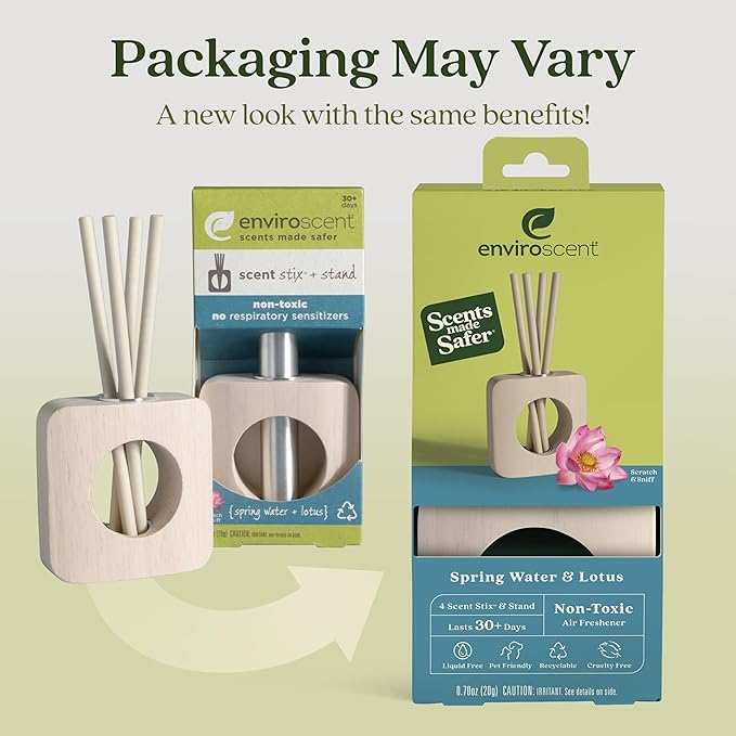 Enviroscent Non-Toxic Air Freshener for Home | Liquid Free Diffuser | Home Fragrance Lasts Over 30 Days | Kit includes 1 Mango Wood Stand & 1 Scent Stix Refill (Spring Water & Lotus)